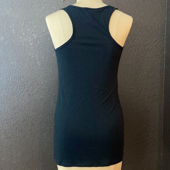 Cabi black racerback tank with purple printed  mesh overlay tunic tank top - Picture 5 of 6